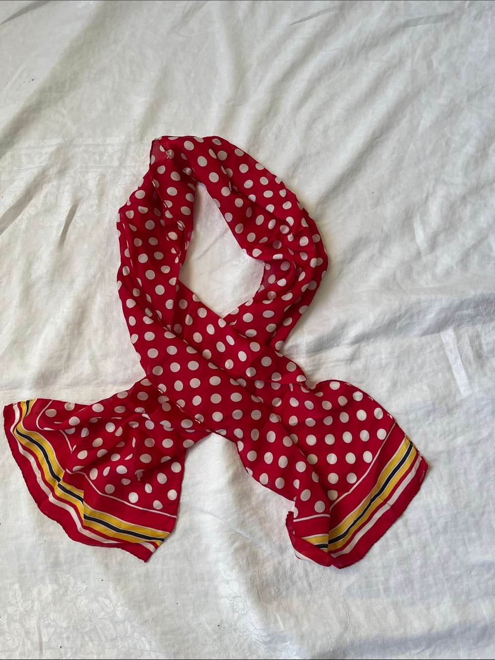 Red Polka Dot Scarf with Striped Trim